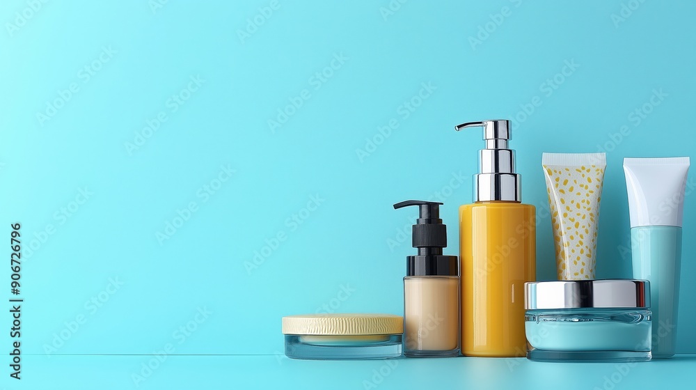 Wall mural travel-size cosmetics, clean arrangement, flat design illustration, no logo, no trademark, no text, 