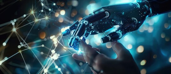 A Human Hand Reaching Toward a Digital Hand with a Network of Lines and Bokeh Lights