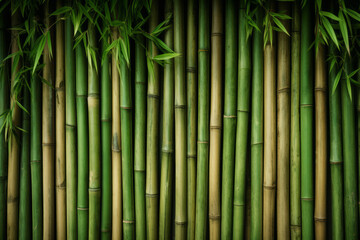 Obraz premium Processed collage of green bamboo fence surface texture. Background for banner, backdrop