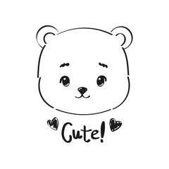 Hand drawn bear with lettering and hearts on white background. Cute vector illustration for kids print.