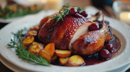 Perfectly cooked roasted duck with a cherry glaze and a side of roasted vegetables.