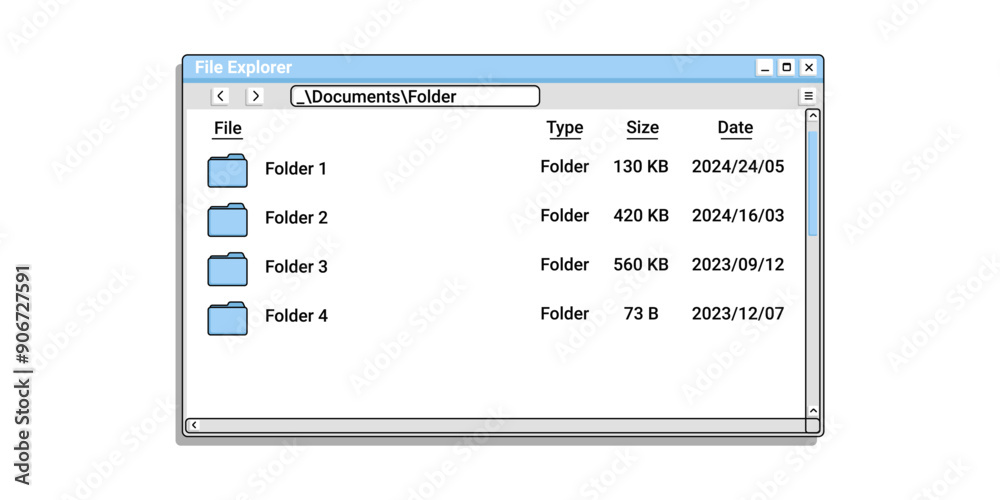 Poster Old file explorer in blue color with folder. Document manager program in retro style.