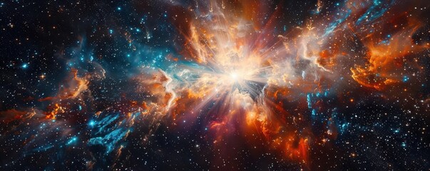 Create a vibrant starburst explosion in a galaxy nebula, top view, capturing the raw energy of space, Scifi tone, vivid, copy space for text,