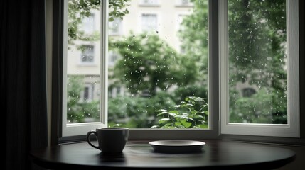 Fototapeta premium Raindrops fall against a window, creating a cozy atmosphere alongside potted plants and a steaming coffee mug on a wooden table
