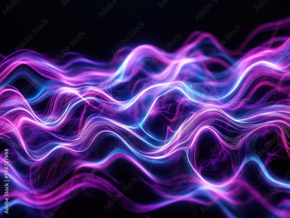 Aufkleber Abstract glowing pink and blue light waves on a black background, creating a vibrant and futuristic visual effect.