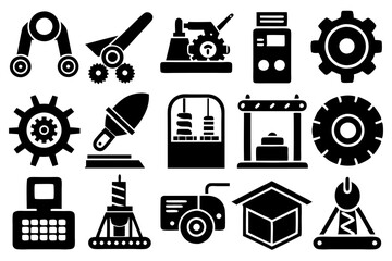 A set of bunch of realistic vector industrial design icons. Featuring tools, machinery, and product prototypes, silhouette black linocut vector art illustration