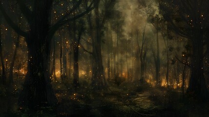 Naklejka premium A mystical forest at dusk with glowing fireflies illuminating the path. The trees stand tall and dark, creating a sense of mystery and wonder.
