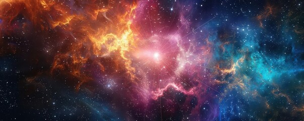 Design a dynamic starburst within a colorful nebula, front view, showcasing galactic energy, cybernetic tone, Complementary Color Scheme, copy space for text,