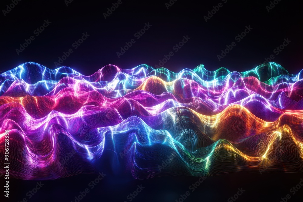 Leinwandbilder abstract vibrant neon lights forming wavy patterns on a dark background, creating an energetic and f