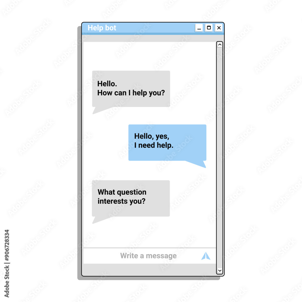 Poster chat bot application in blue color window for phone. mobile bot application. chatting in messenger.