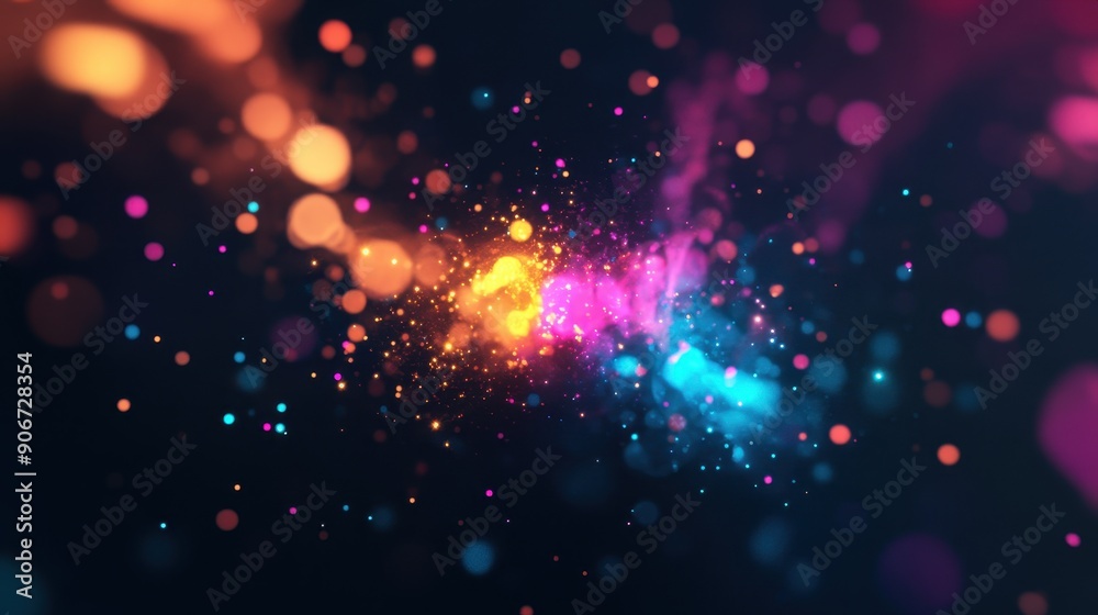 Aufkleber Bright and colorful abstract background with bokeh effect and glowing particles, perfect for festive and creative designs.
