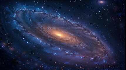 Obraz premium Design an aweinspiring spiral galaxy with bright stars, side view, emphasizing celestial wonder, Scifi tone, colored pastel, copy space for text,