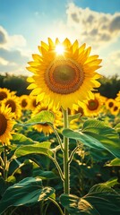 Obraz premium Golden Sunset Over Blooming Sunflower Field