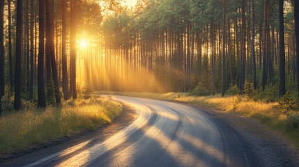 Obraz premium Tranquil Morning Drive: Serene Road in Pine Forest at Sunrise