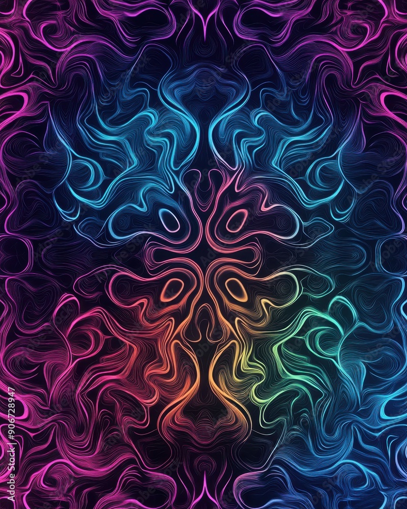 Aufkleber Vibrant abstract background with swirling colorful patterns and symmetrical design in a gradient of blues, purples, and pinks.