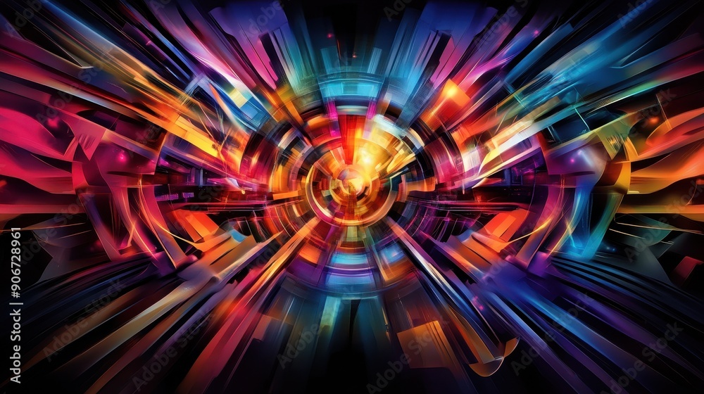 Poster vibrant abstract digital art with vivid, dynamic colors and geometric shapes creating an energetic a