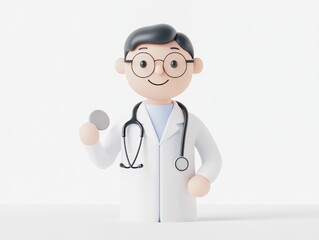Fototapeta premium A 3D clipart of a cheerful doctor holding a stethoscope, in a bright and clean setting, white background, high-resolution photo, realistic photo