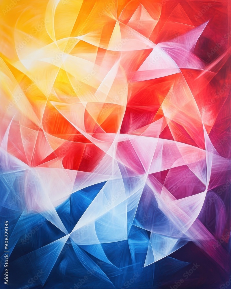 Poster Vibrant abstract geometric background with colorful overlapping shapes in red, blue, and yellow tones, creating a dynamic and energetic effect.
