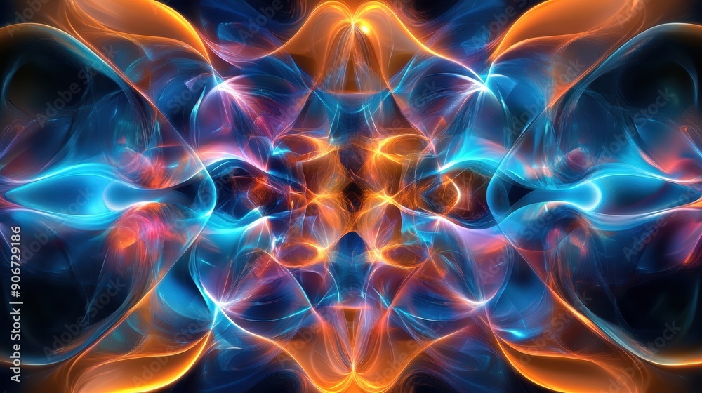 Poster vibrant abstract light pattern with blue, orange, and pink swirls, creating a dynamic and colorful v