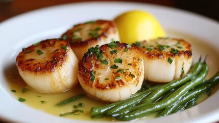 Perfectly seared scallops with a lemon butter sauce and a side of green beans.