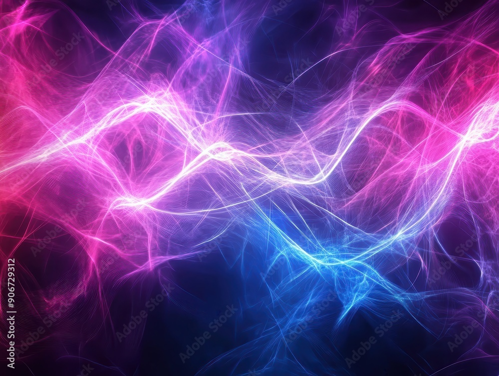 Poster Vibrant abstract light waves in pink and blue colors creating a dynamic and mesmerizing background. Perfect for digital and visual arts.