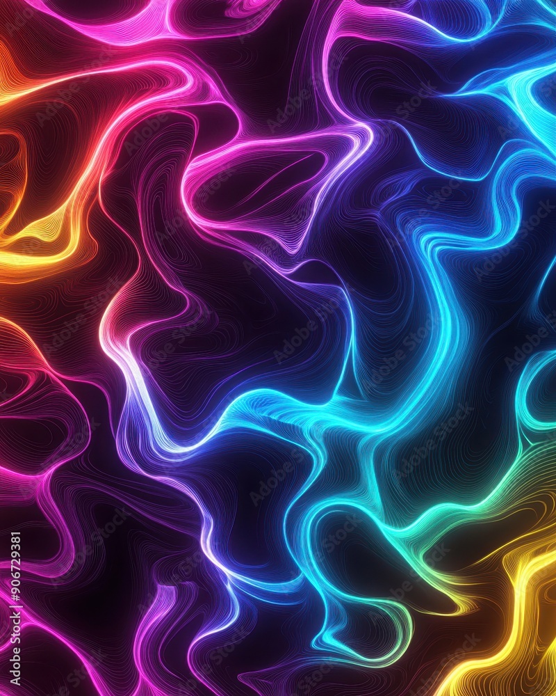 Leinwandbilder Vibrant abstract neon light pattern with swirling lines in multiple colors creating a dynamic and captivating visual effect.