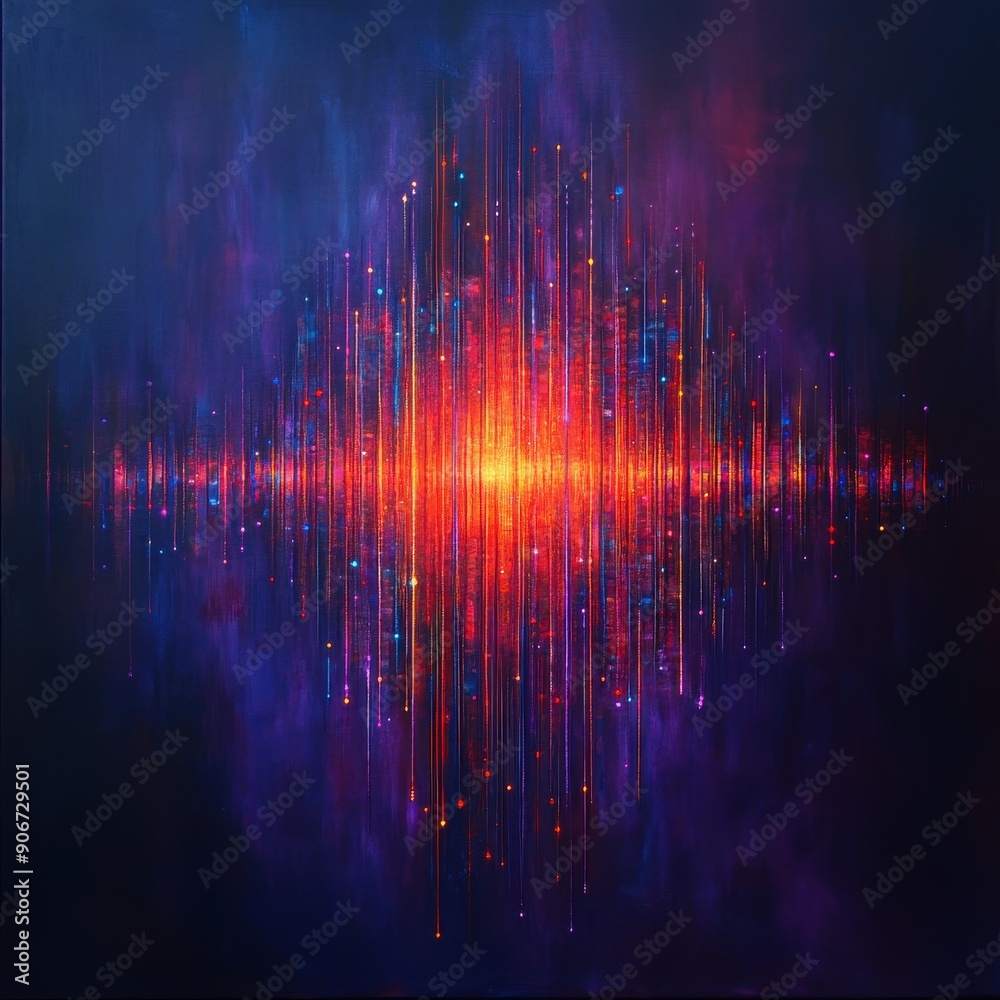 Poster Vibrant abstract soundwave in a colorful spectrum of blue and red hues, creating a dynamic visual representation of audio waves.