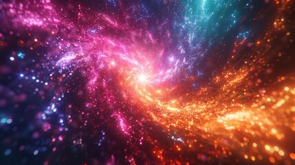 Obraz premium Produce a radiant galaxy with multicolored radiation particles and sparkling light, top view, visualizing cosmic energy, cybernetic tone, vivid, copy space for text,