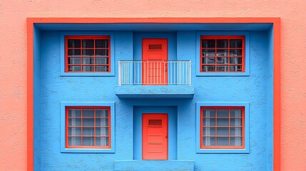 Obraz premium Brightly colored building with contrasting blue and orange walls and windows, Suitable for architectural design, real estate promotions, or urban lifestyle advertising,