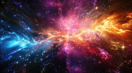 Fototapeta premium Produce a radiant galaxy with multicolored radiation particles and sparkling light, top view, visualizing cosmic energy, cybernetic tone, vivid, copy space for text,