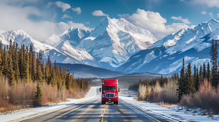 A red truck driving on a scenic highway through snow-covered mountains under a clear blue sky.