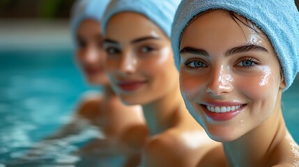 Three women in a pool, wearing towels on their heads and smiling, depict leisure and relaxation, Ideal for spa, health, and wellness promotions,