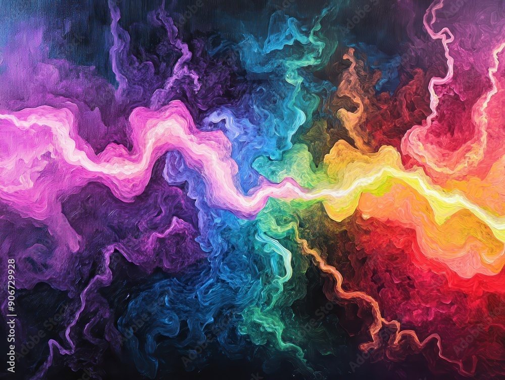 Aufkleber Vivid abstract painting with colorful lightning-like patterns, vibrant hues blending to create an electrifying and dynamic visual effect.