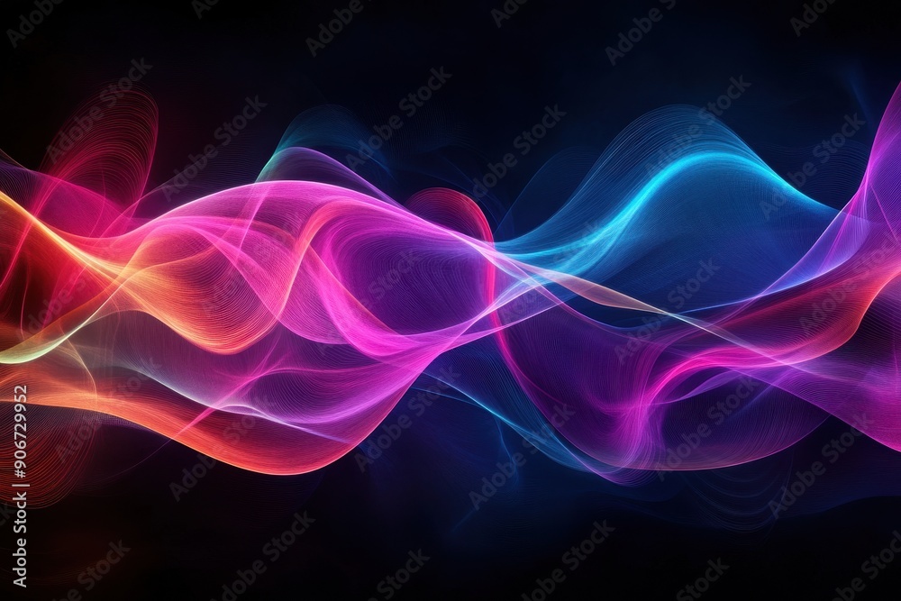 Poster Vivid abstract waves of colorful light intertwined on a dark background, creating a mesmerizing and dynamic visual effect.