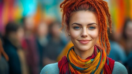 Fototapeta premium A woman with vibrant red hair and a colorful scarf smiles warmly in an outdoor setting with a blurred crowd ideal for diversity, lifestyle, or fashion themes,