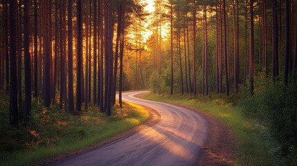 Obraz premium Serene Sunrise Drive: Tranquil Road through Pine Forest with Golden Light, Nature Exploration Concept