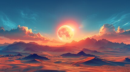 Stunning image of a sunlit desert landscape with a backdrop of changing weather patterns, illustrating the harsh realities of global warming and its effects on arid regions. high resolution