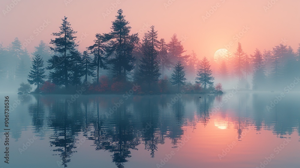 Sticker Beautiful image of a forest at sunrise with a blanket of fog, reflecting the serene yet fragile state of nature amidst shifting climate patterns and environmental changes. high resolution