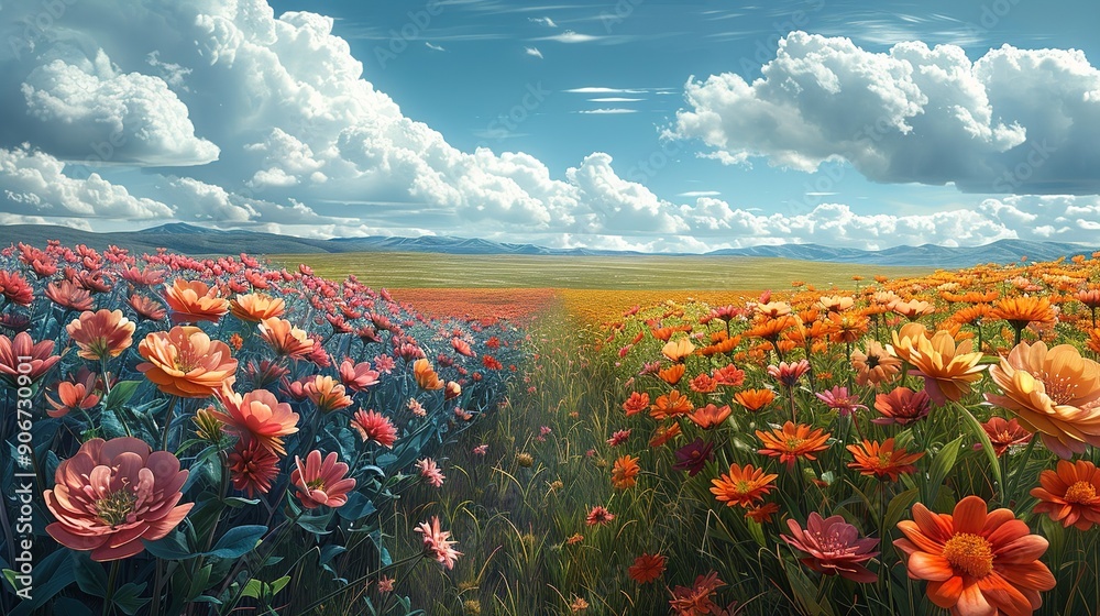 Poster Captivating image of a blooming field of flowers transitioning to a drought-stricken landscape, illustrating the impact of climate change on flora and ecosystems. high resolution Illustration, in the