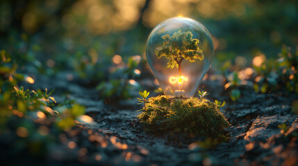 In the green forest, there is a tree growing in a light bulb. The light bulb lights up.