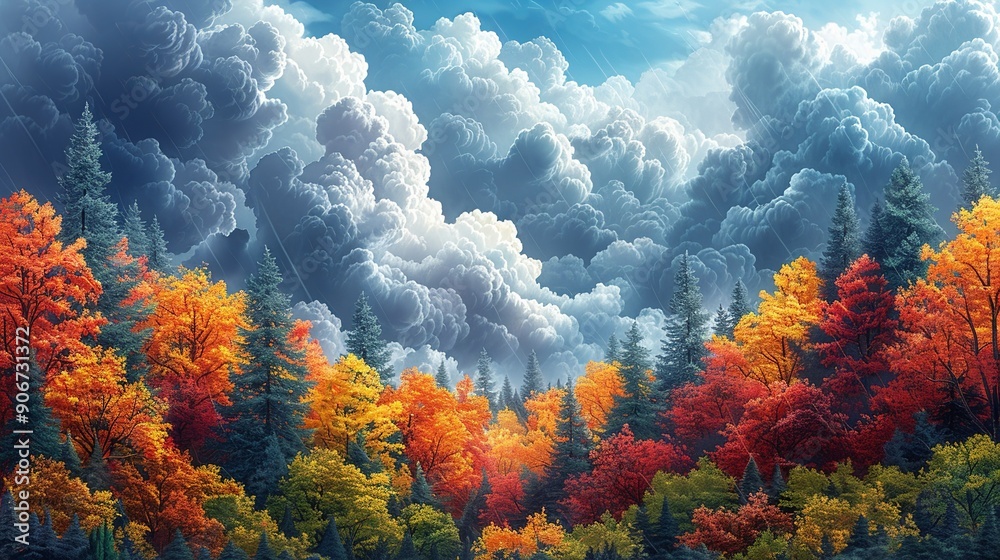 Poster Beautiful image of a forest in autumn with vibrant foliage contrasted against a backdrop of darkening storm clouds, capturing the essence of changing seasons and climate impacts. high resolution