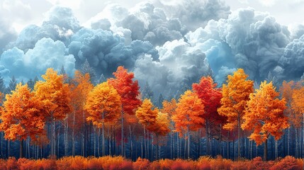 Beautiful image of a forest in autumn with vibrant foliage contrasted against a backdrop of darkening storm clouds, capturing the essence of changing seasons and climate impacts. high resolution
