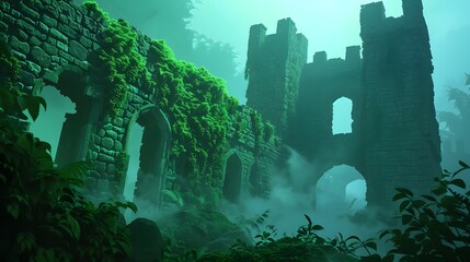 Overgrown stone ruins shrouded in mist and greenery, creating an atmospheric and mysterious scene.