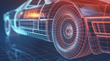 A futuristic car design, rendered in a wireframe style with glowing neon accents.