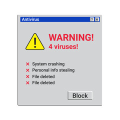 Old warning notification about viruses. Retro antivirus message on screen. Danger malware on computer.