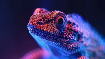 Fototapeta premium Close-up of a lizard's face with vibrant red and blue lighting. Its eye is large and prominent, capturing the viewer's attention.