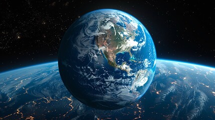 Abstract image of the earth from space with visible signs of climate change such as melting ice caps and altered weather patterns, emphasizing the global scale of environmental issues. high