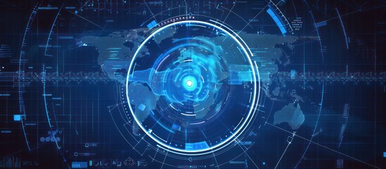 Futuristic Blue Digital Interface with Global Map and Circular Display