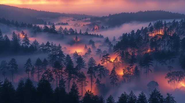 Stunning photograph of a forest at dusk with a mix of fog and smoke from wildfires, capturing the beauty and fragility of nature amidst increasing climate challenges. high resolution Illustration, in