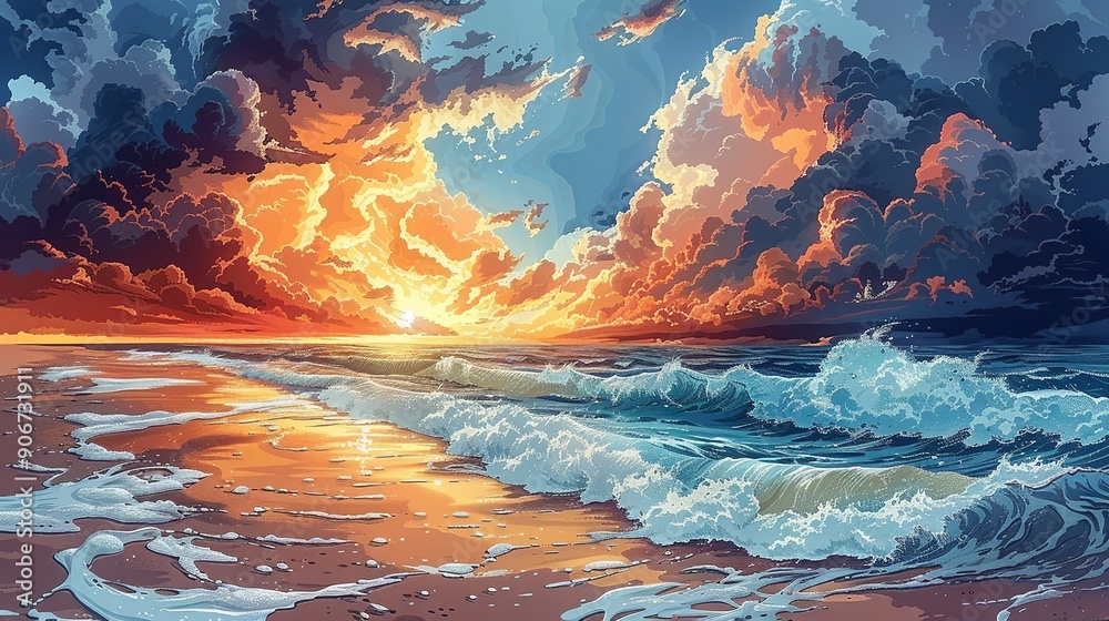 Wall mural Dynamic image of a sunny beach with ocean waves contrasted against dark storm clouds on the horizon, illustrating the effects of climate change on coastal and marine environments. high resolution